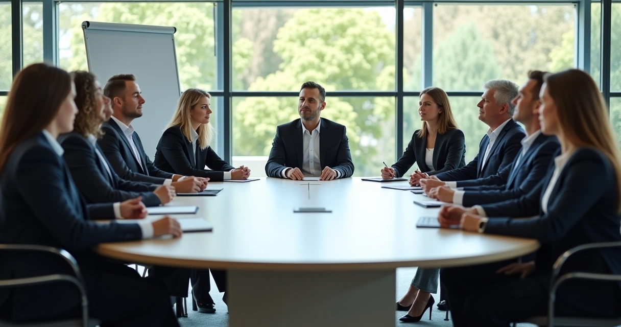 Executivos em reunião, sentados ao redor de uma mesa, todos em silêncio com olhos fechados, praticando atenção plena. 