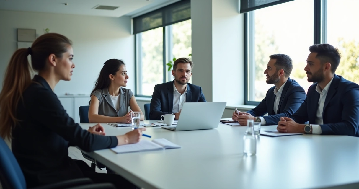 Equipe em reunião com escuta atenta e ambiente corporativo claro 