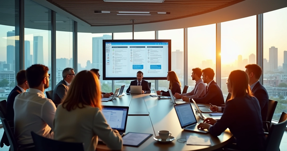 Diretores e gestores em reunião sobre compliance em sala de vidro