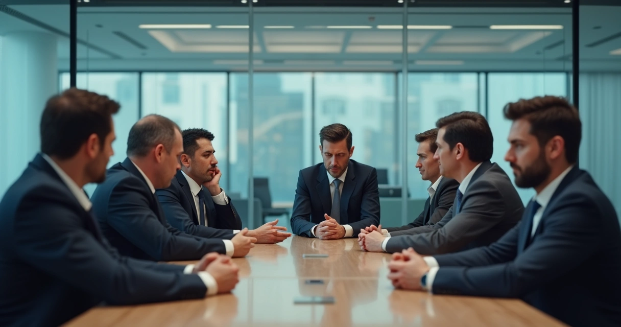 Equipe corporativa em reunião mostrando expressões tensas e desconforto