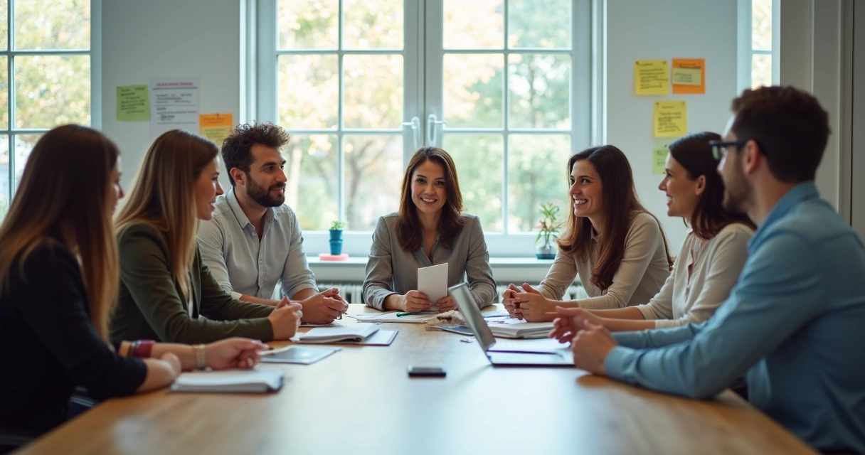 Reunião de equipe corporativa com profissionais conversando de forma aberta e respeitosa 