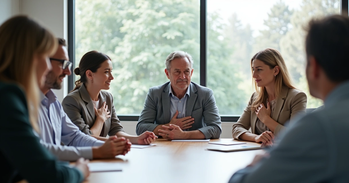 Grupo de pessoas sentadas em reunião, algumas visivelmente emocionadas ou pensativas, ceifando o ciclo de tensão corporal. 