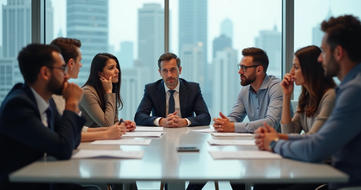 Equipe em reunião de trabalho lidando com emoções diversas 