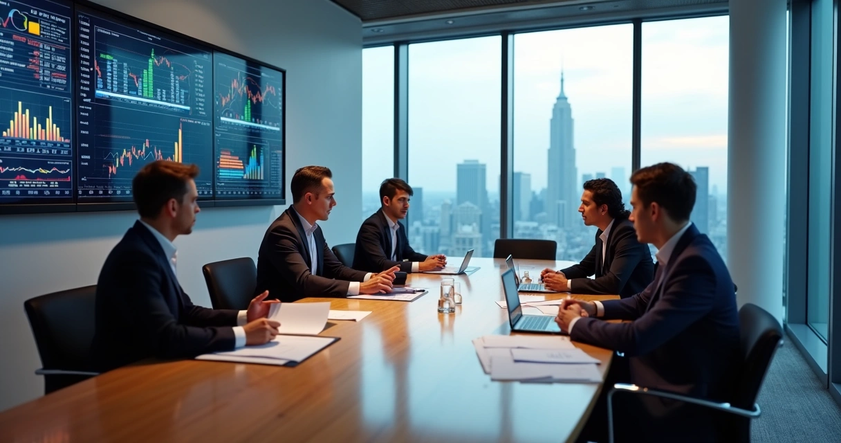 Sala de reunião corporativa moderna com executivos analisando documentos financeiros e gráficos de desempenho na parede 