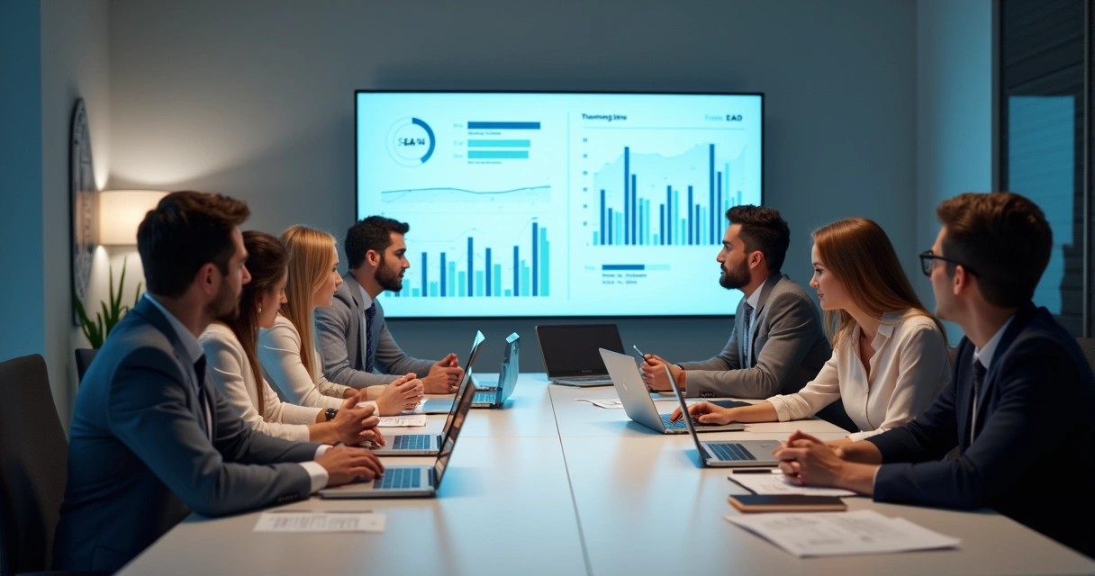 Equipe discutindo evolução e compliance nos treinamentos EAD com gráficos e computador