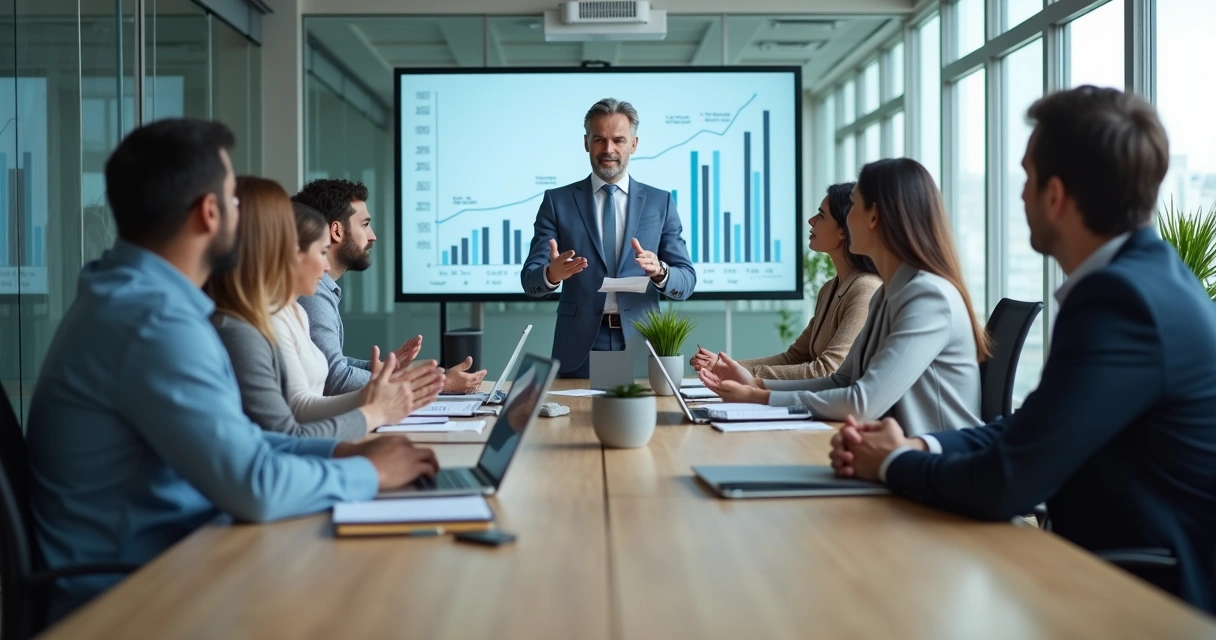 Equipe em reunião com líder reconhecendo resultados no escritório
