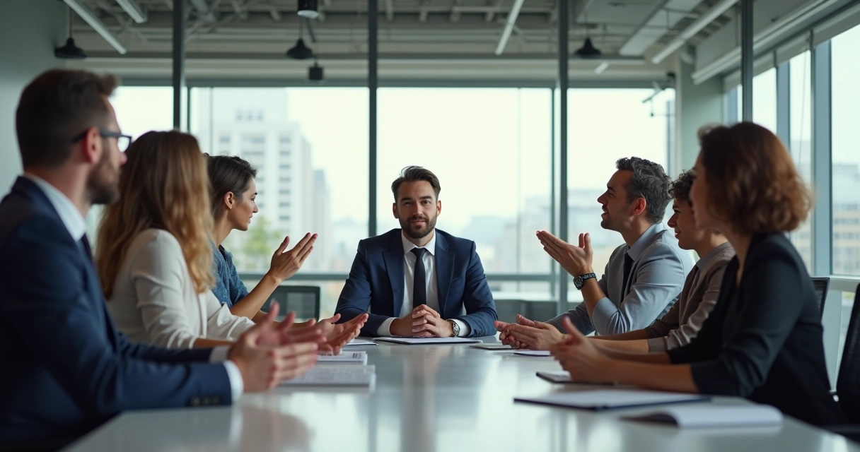 Profissionais em uma reunião, alguns gesticulando, outros observando, expressões variadas 