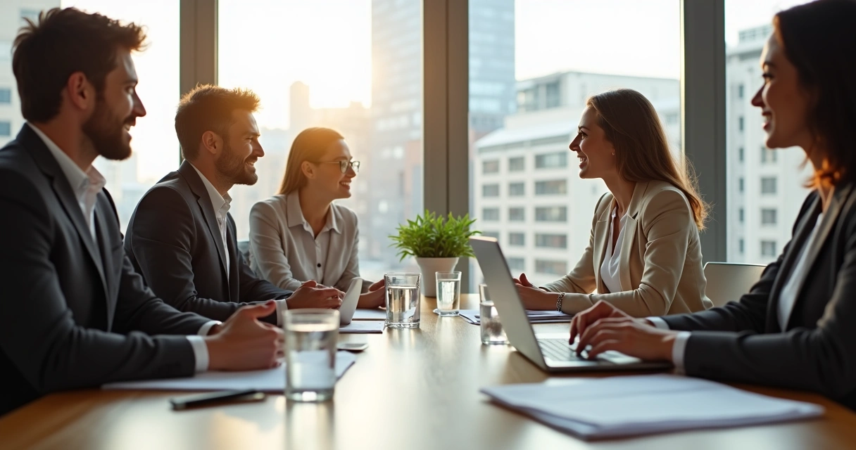 Reunião corporativa com pessoas ouvindo atentas e expressão acolhedora.