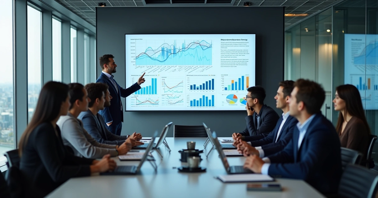 Equipe corporativa avaliando gráficos de riscos em tela de reunião 