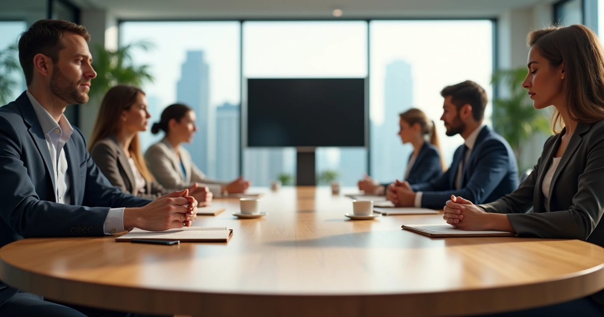 Equipe em reunião corporativa iniciando ritual de presença em mesa de reunião moderna 