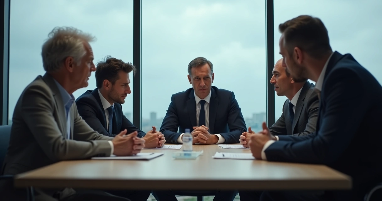 Colegas de trabalho em reunião com expressões tensas e linguagem corporal fechada. 
