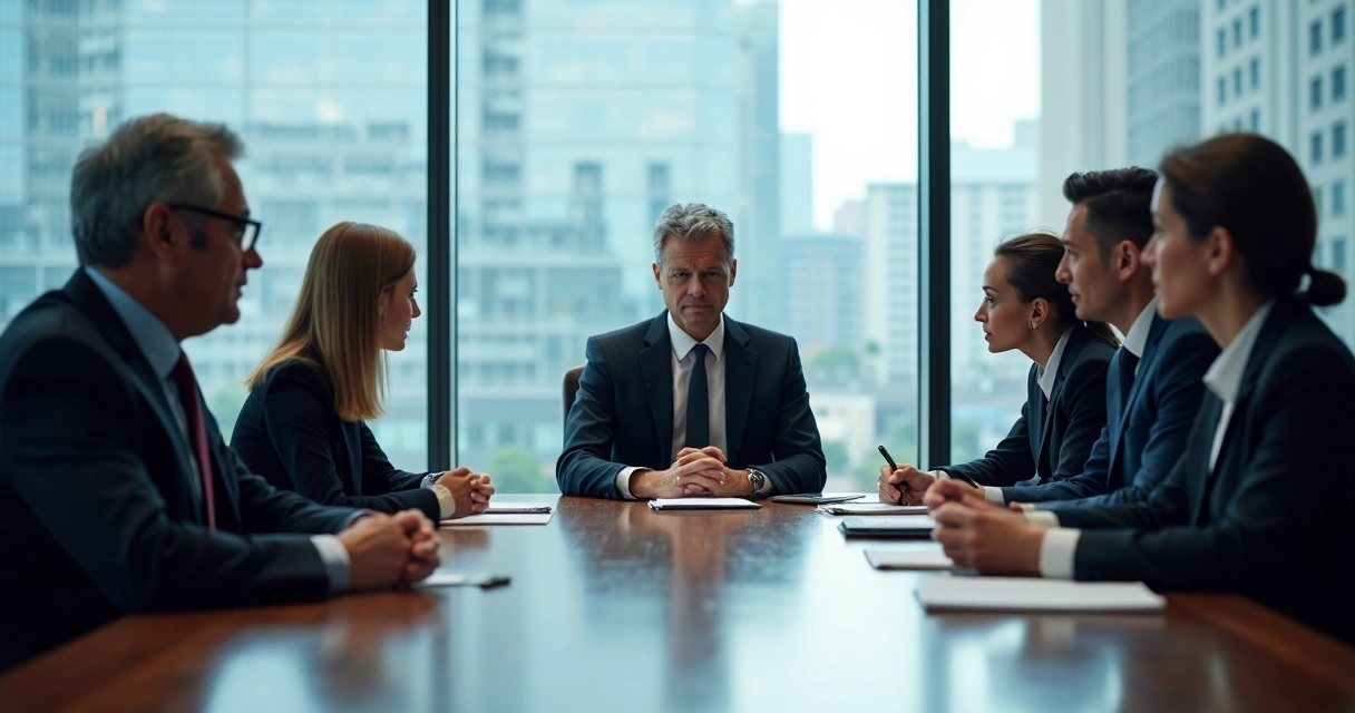 Reunião corporativa com equipe em silêncio e liderança centralizando a fala
