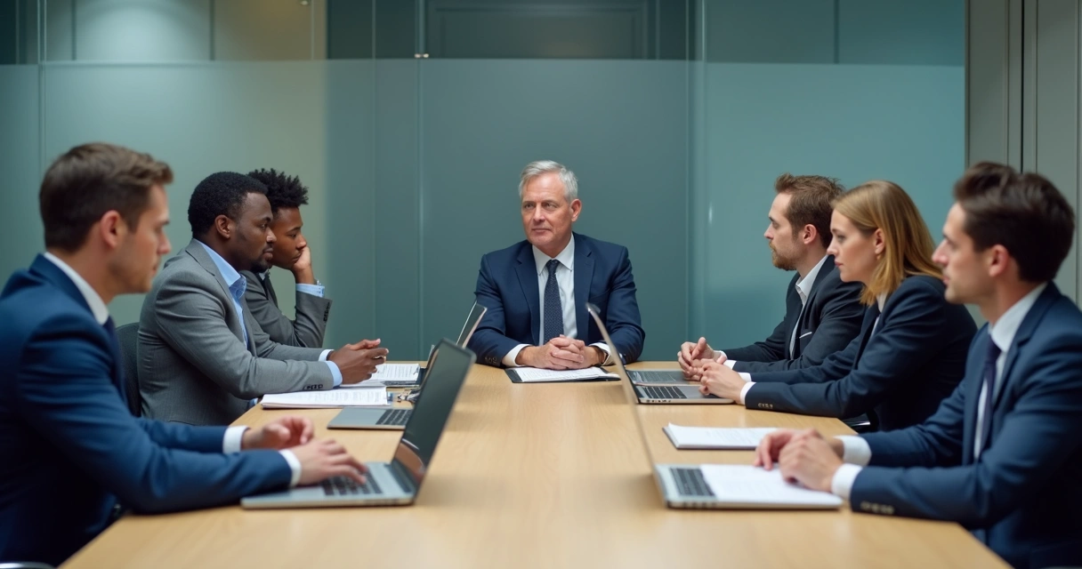 Equipe em reunião formal com clima contido 