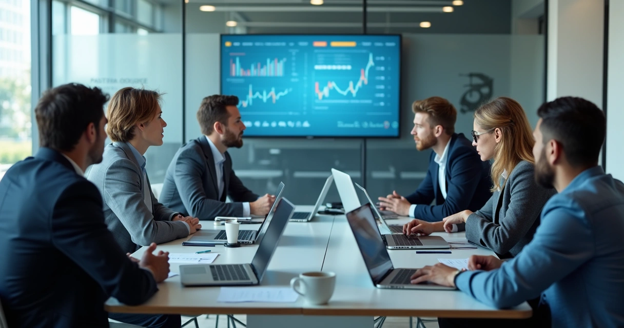 Equipe em reunião corporativa com tensão e análise de dados
