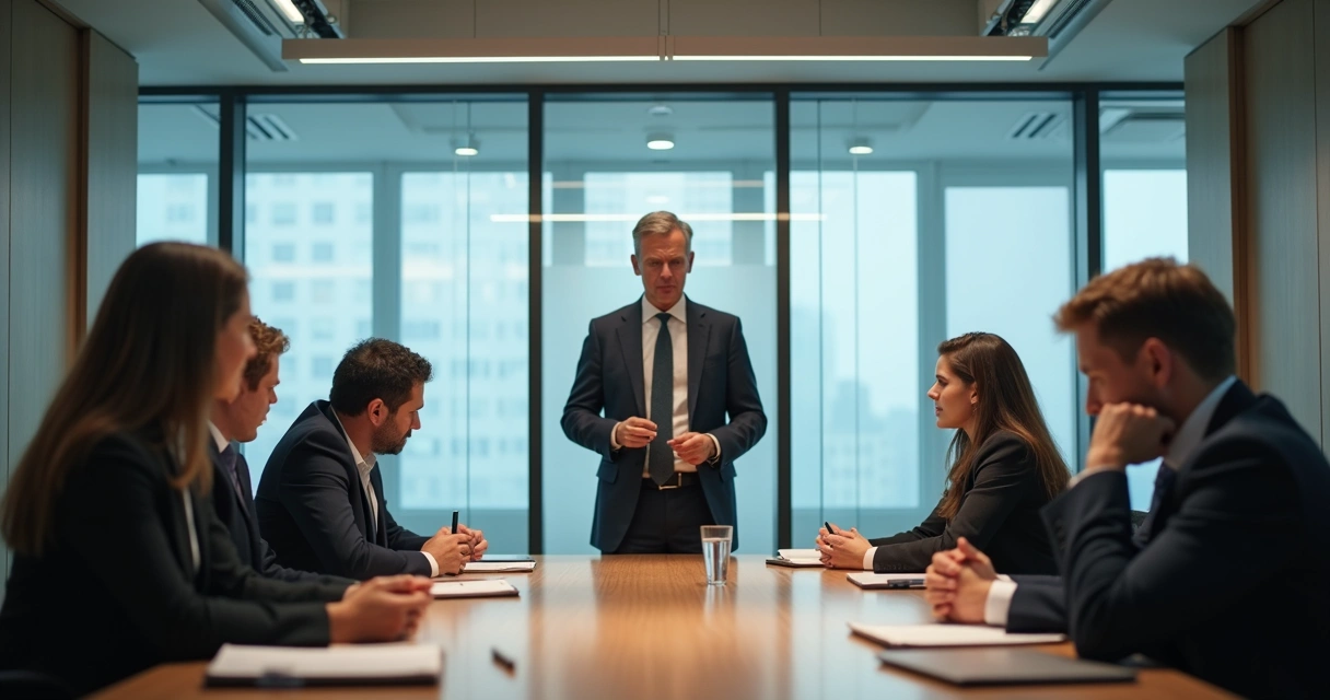 Reunião corporativa com equipe em silêncio e líder falando 