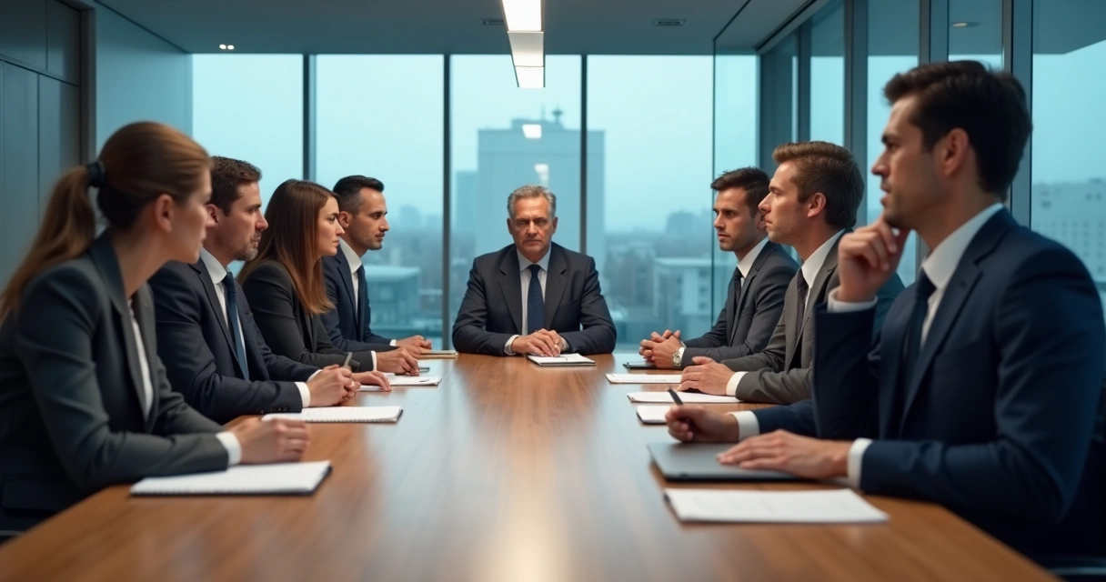 Reunião corporativa tensa com equipe em silêncio