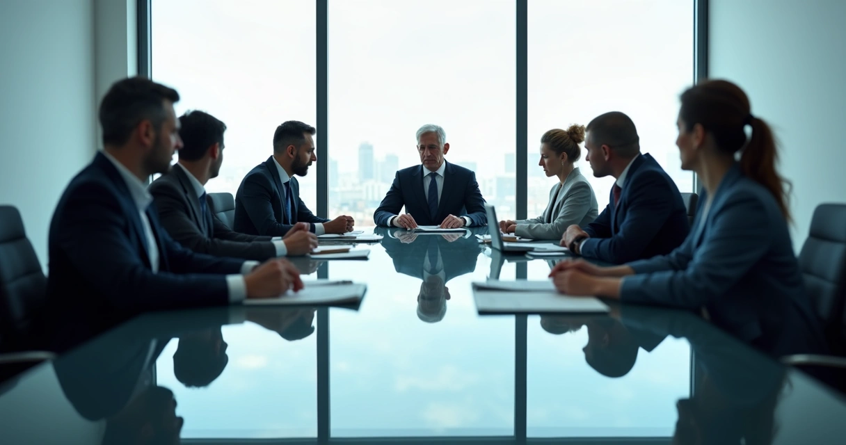 Equipe em reunião formal com ambiente corporativo rígido