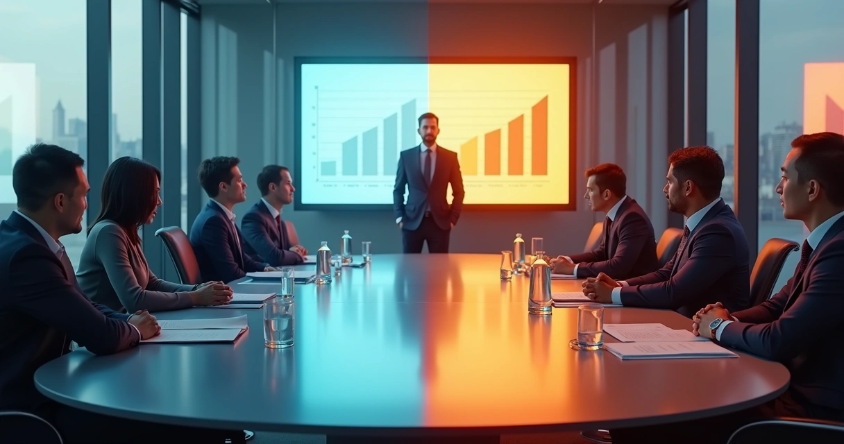Sala de reunião corporativa com equipe tensa em volta de mesa colorida em segmentos quentes e frios 