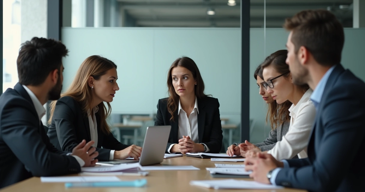 Profissionais em mesa de reunião, alguns parecendo hesitantes. 
