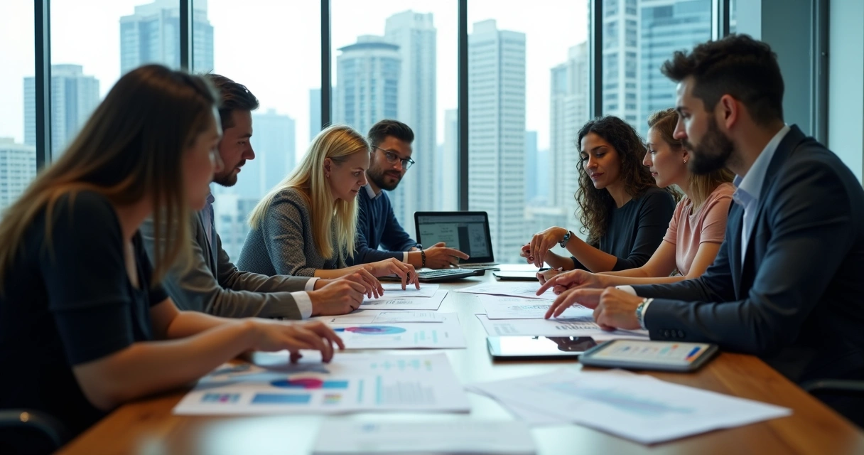 Equipe revisando relatórios em reunião de compliance. 