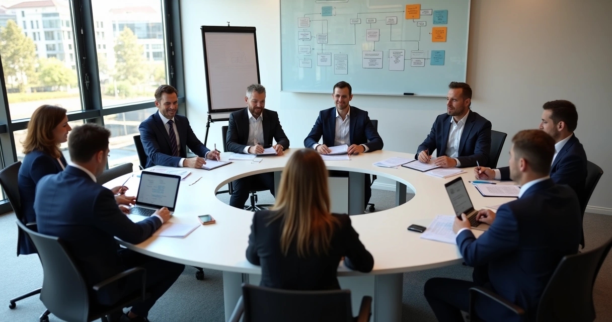 Corretores de imóveis reunidos em sala de reunião discutindo processos padronizados 