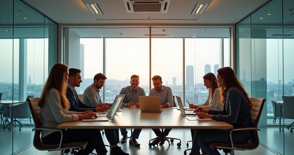 Reunião em sala privativa de coworking com computadores e papelada 