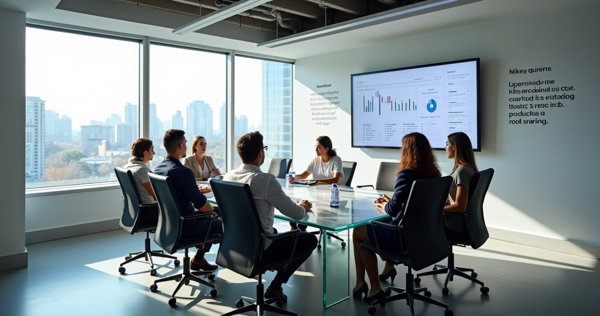 Sala de reunião moderna com profissionais em torno de mesa