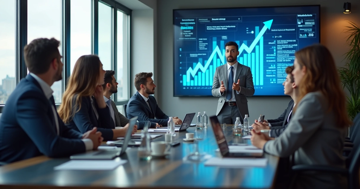 Profissionais em reunião analisando gráficos de crescimento digital 