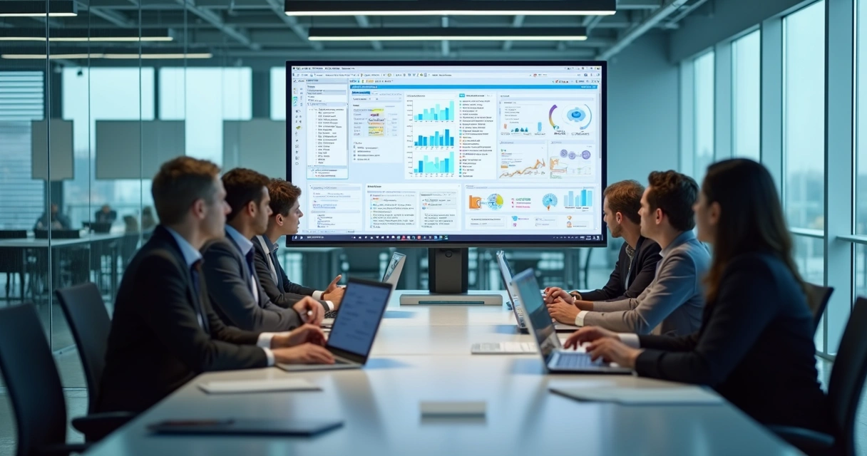 Equipe reunida discutindo automações no computador 