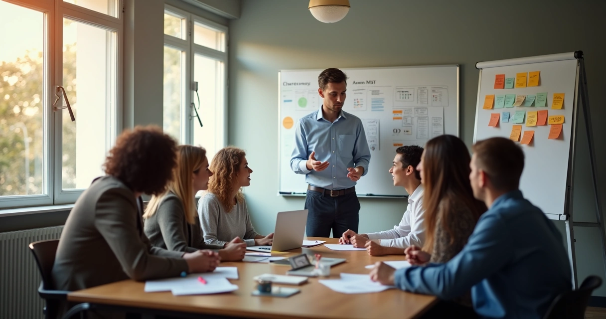 Equipe reunida em torno de mesa discutindo metas OKR 