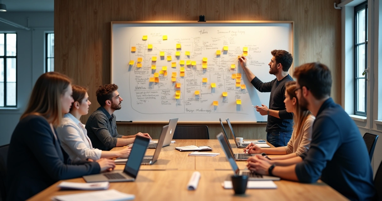 Equipe em reunião criativa com quadro branco e notas adesivas 