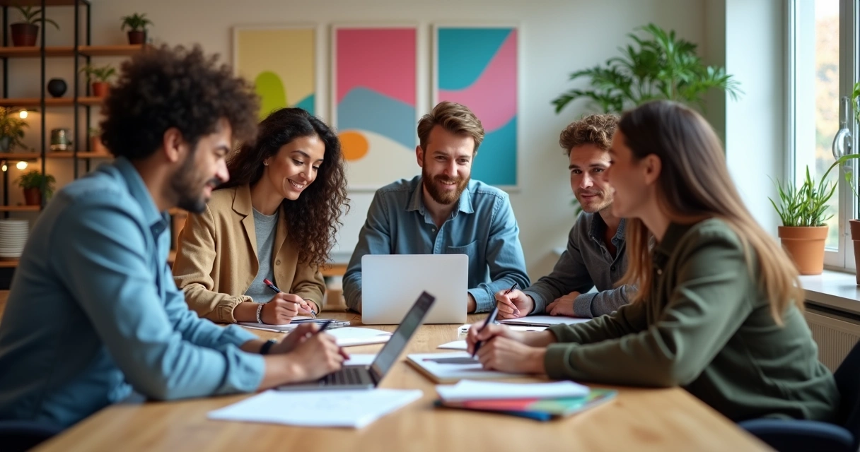 Pessoas reunidas em mesa de agência de marketing em Londrina com quadros coloridos ao fundo. 