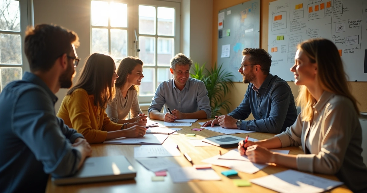 Equipe reunida trocando ideias em mesa de trabalho