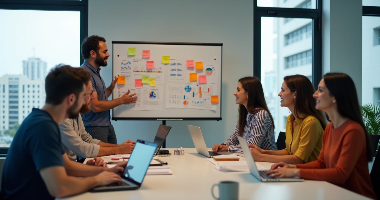 Equipe em reunião de marketing digital com computadores e quadros de ideias 