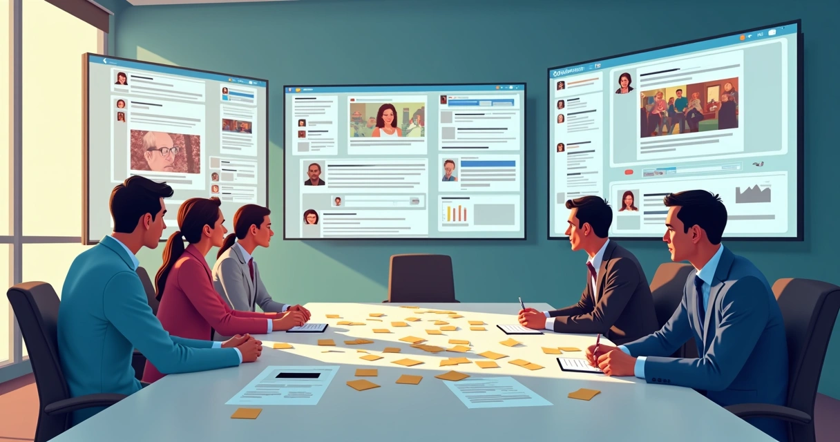 Equipe analisa incidentes em uma sala de crise com telas de redes sociais 