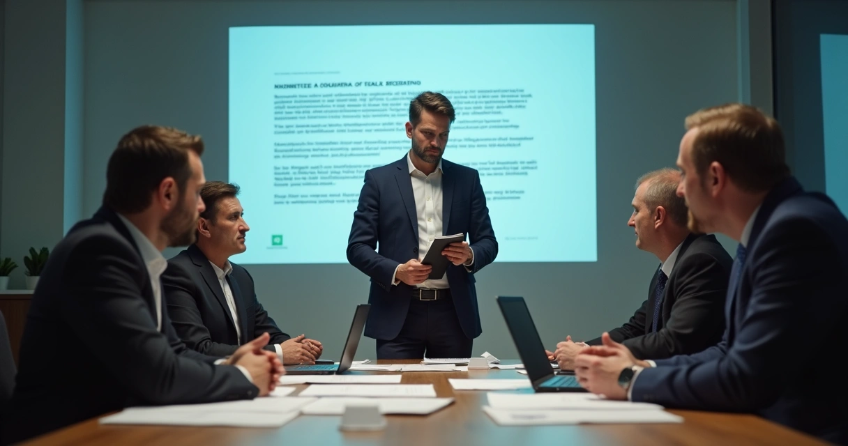 Equipe de gestores sentados à mesa, discutindo uma crise interna com expressões sérias. 