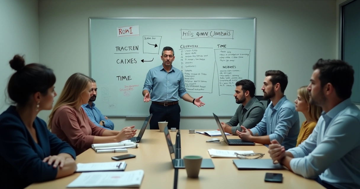 Dono de pequena empresa conduz reunião difícil com time em sala de crise 