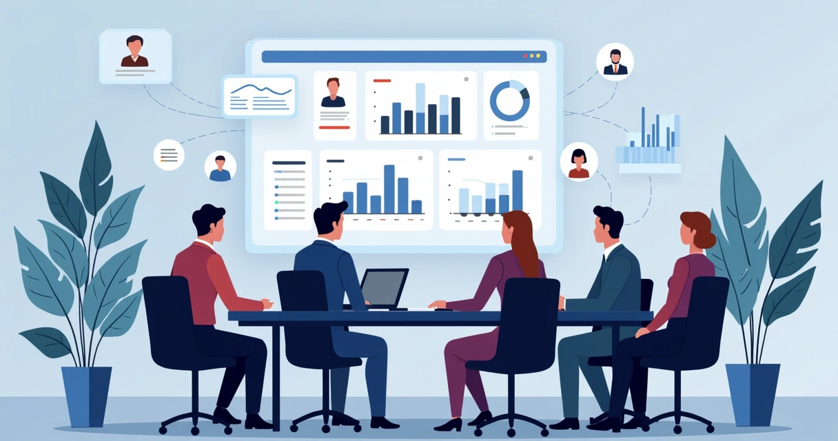 Gestores públicos em reunião, tela de CRM político ao fundo 