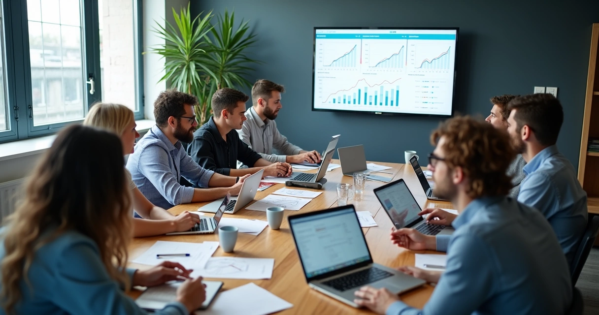 Equipe reunida analisando painéis de CRO e gráficos de conversão em uma mesa de reuniões.