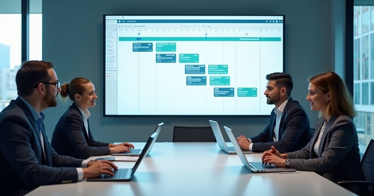 Equipe revisando cronograma de projeto de TI em tela grande 