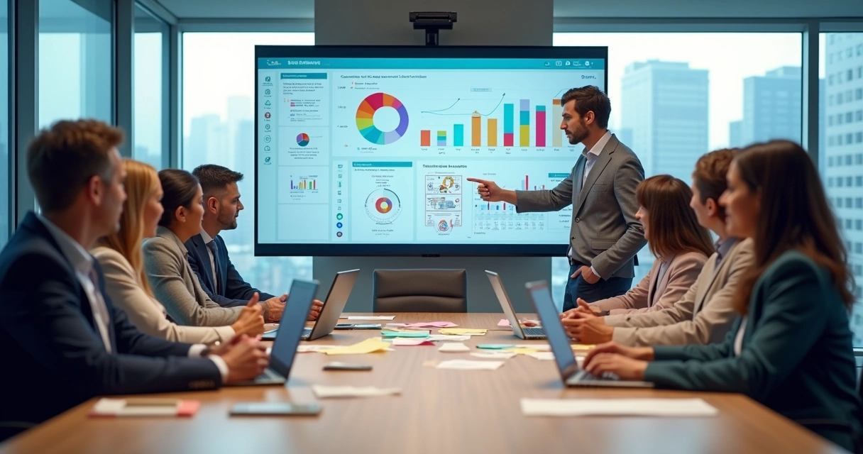 Equipe corporativa reunida em sala moderna planejando cultura de aprendizado contínuo 