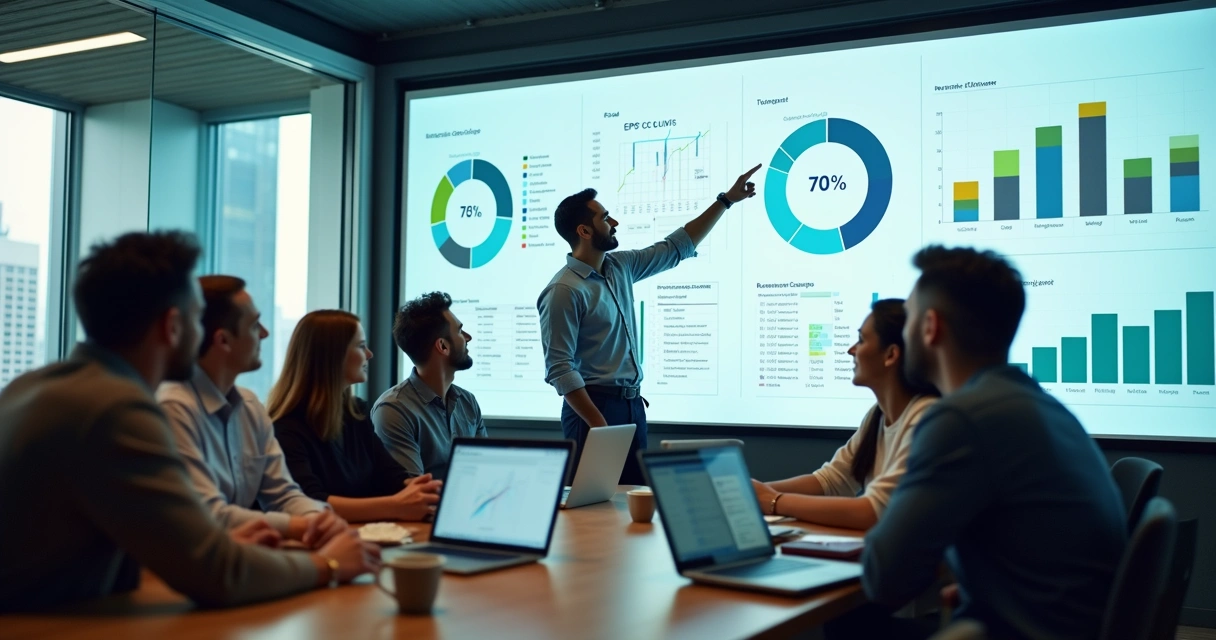 Reunião com equipe discutindo indicadores em telão 