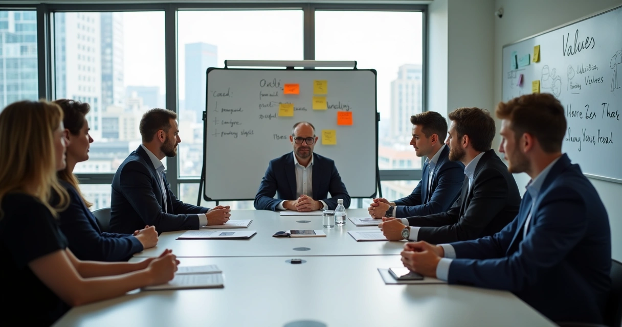 Líderes de uma empresa em reunião debatendo valores e propósito organizacional 