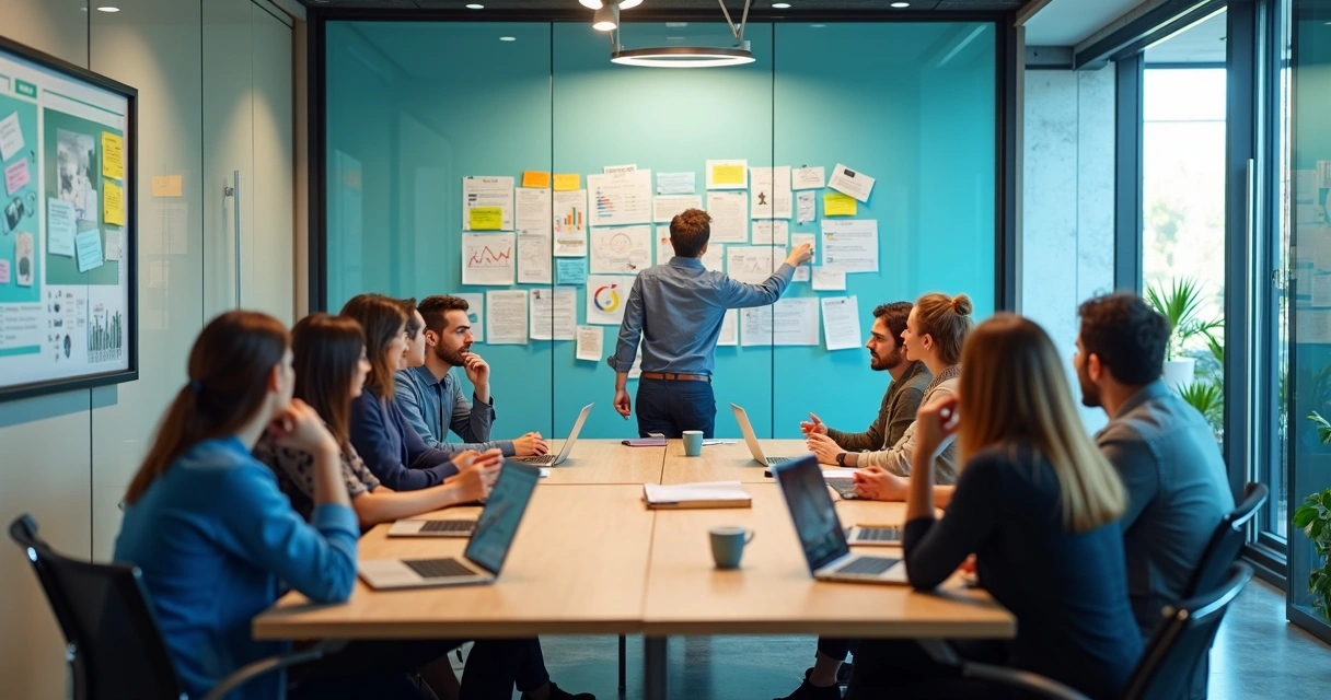 Equipe em reunião debatendo ideias em ambiente corporativo
