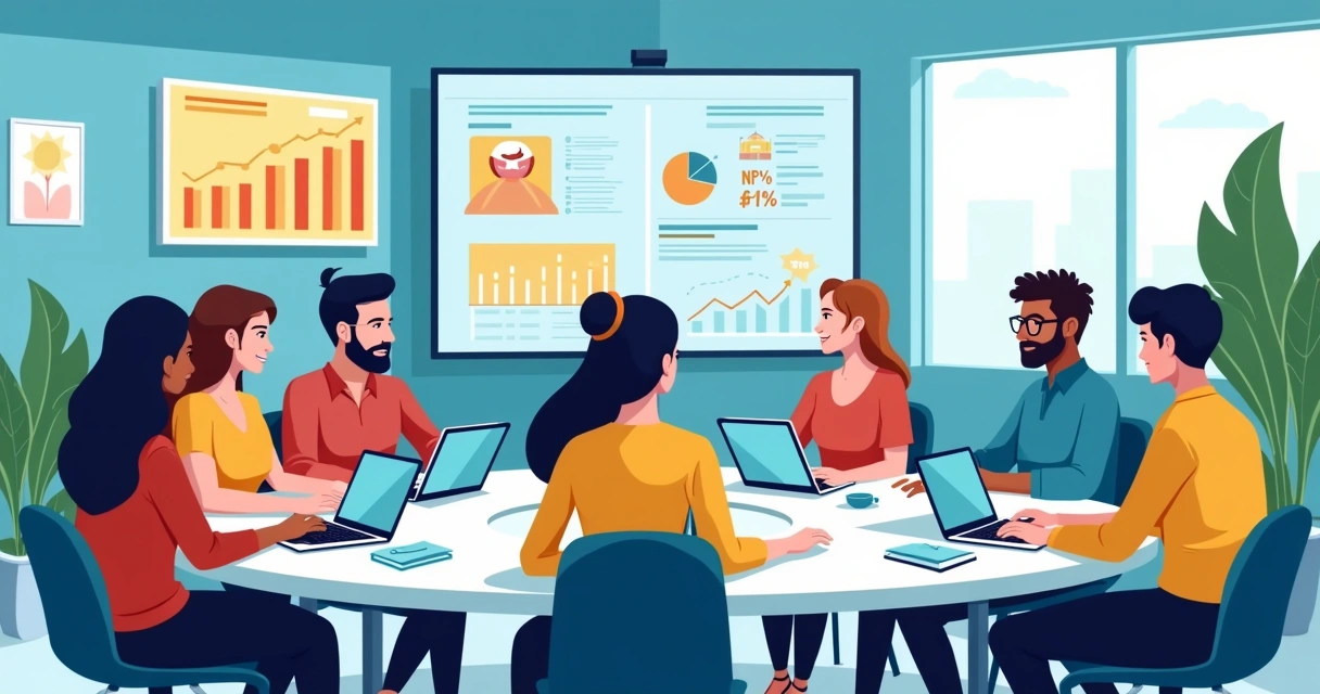 Ilustração de uma equipe diversificada em reunião sobre estratégias de customer success, com gráficos e dados ao fundo.
