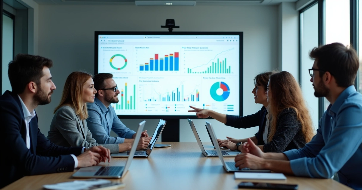 Equipe reunida discutindo dashboard em tela grande na sala de reunião moderna 