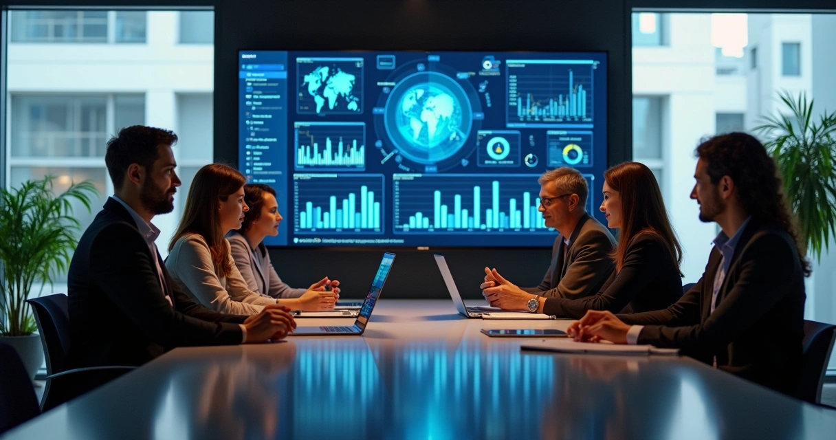 Equipe discutindo em sala, gráficos digitais e IA na tela principal 