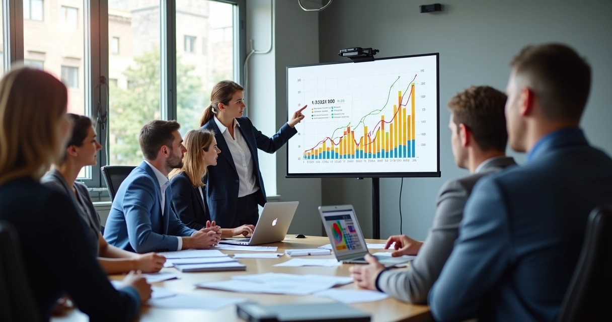 Equipe de gestão imobiliária reunida analisando gráficos de previsão de aluguel 