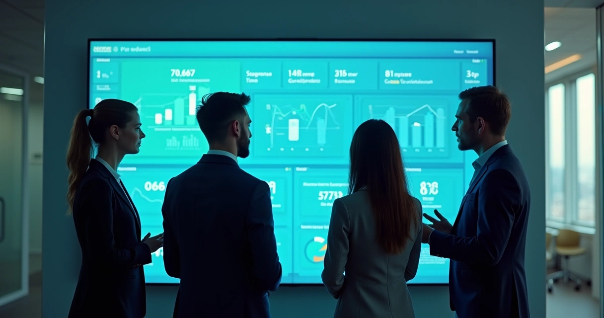 Reunião de equipe analisando dashboard de indicadores 