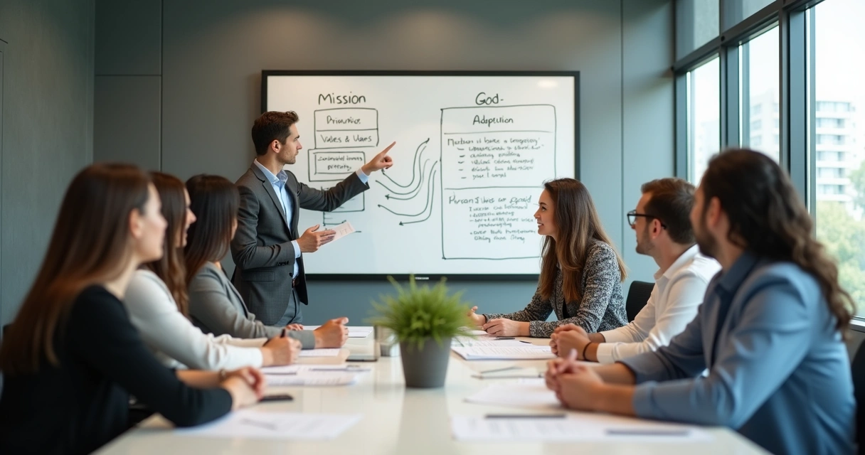 Equipe em reunião alinhando objetivos e valores